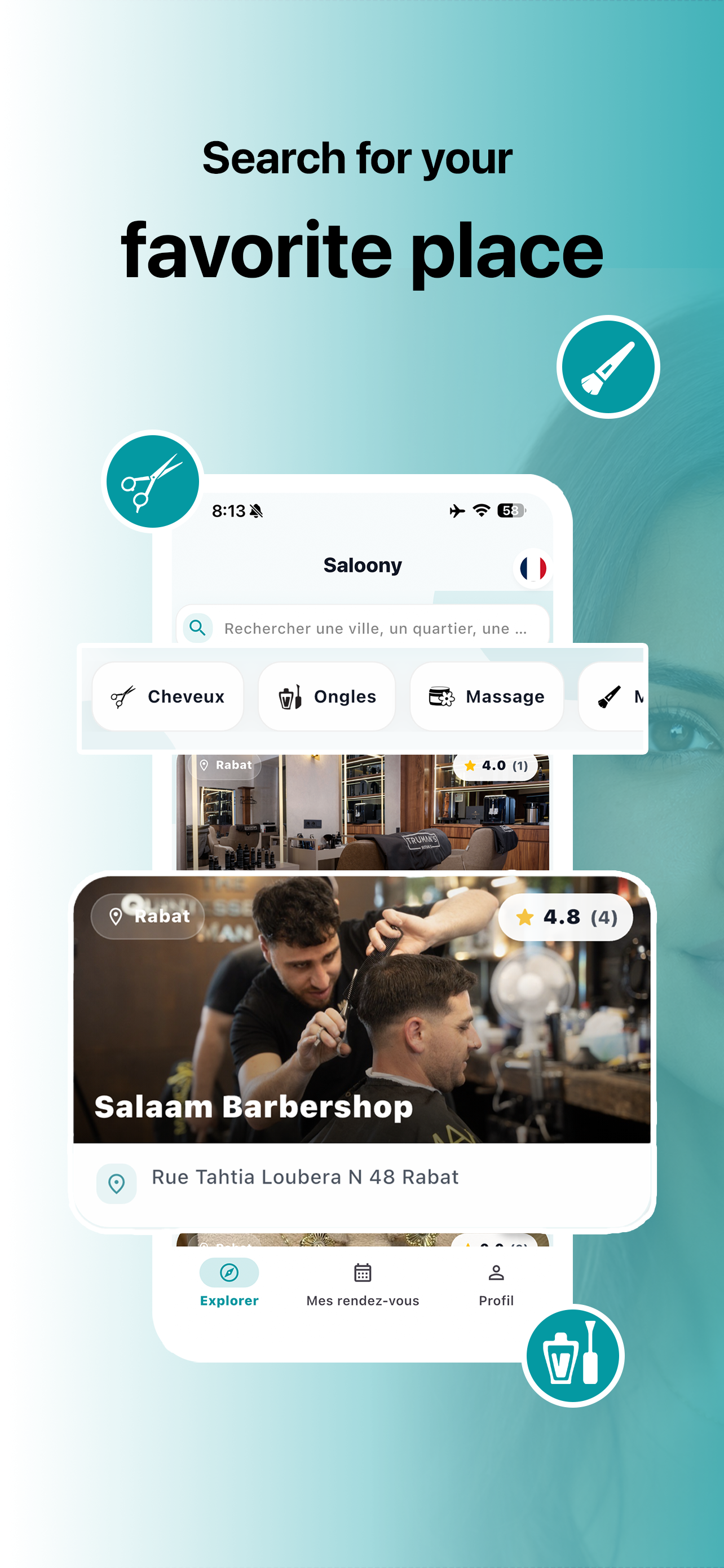 Capture de l'app client Saloony